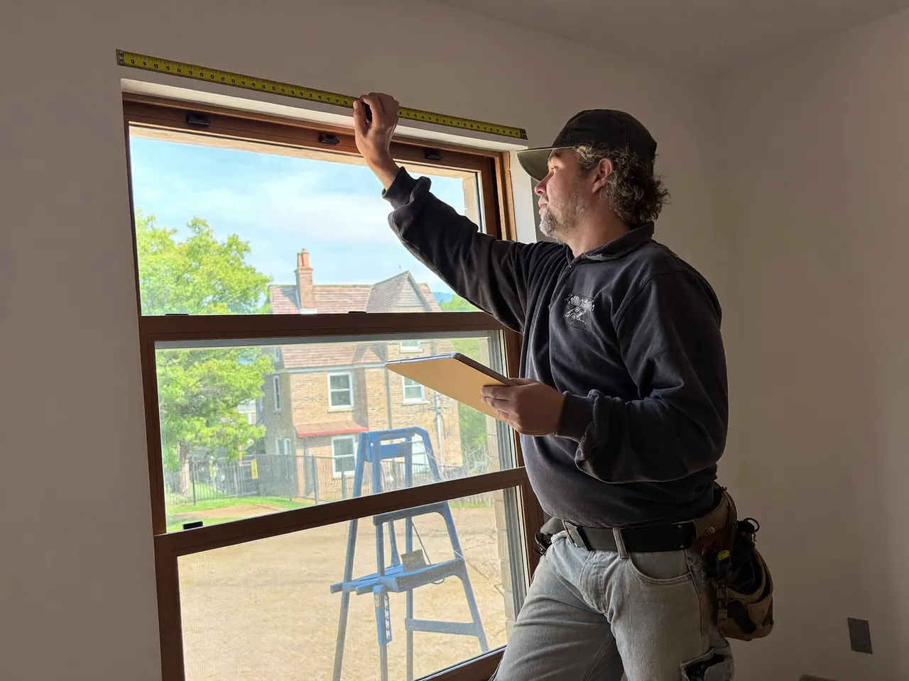 Installer measuring a window opening during a home survey