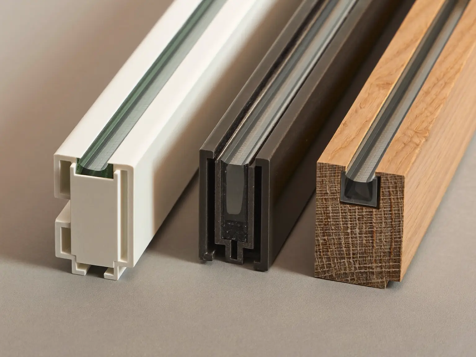 uPVC, aluminium and timber window frame samples fanned out for selection